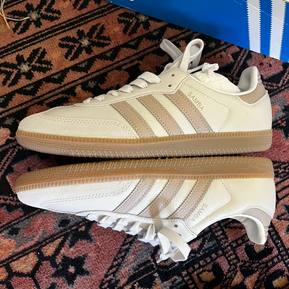 Adidas Sambas. Grey leather, taupe leather, tan gum.